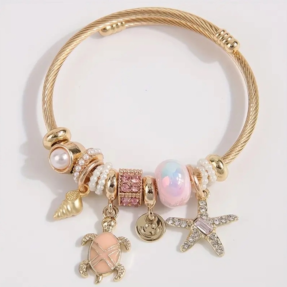 Ocean Vibe Charm Bracelet Gold & Pink with Turtle Starfish Shell Charms Tussle